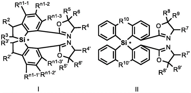 General chemical structure of Formula I and II spiro-bisoxazoline ligands showing the central silicon atom