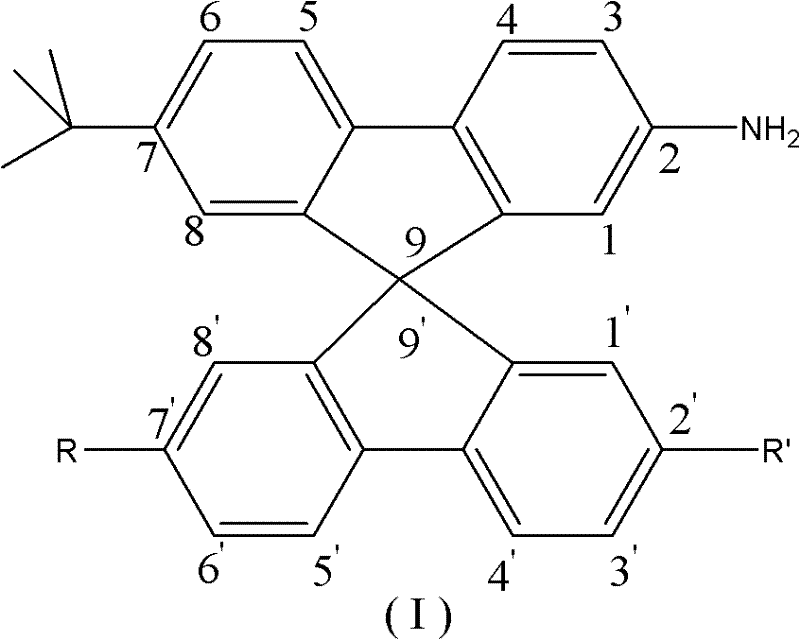 General structural formula (I) of 9,9'-spirobifluorene amino compounds showing variable R and R' groups