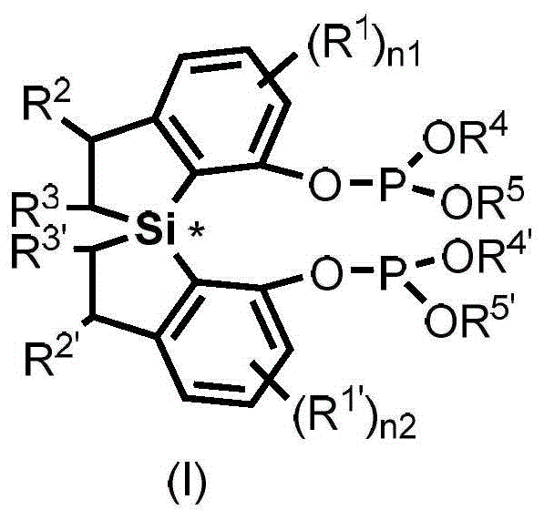 General chemical structure of spirobis-dihydrobenzosilole phosphite compound Formula I showing chiral silicon centers and phosphite groups