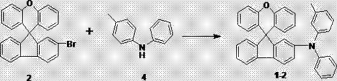 Reaction scheme for the synthesis of spirofluorene xanthene derivative 1-2 via palladium-catalyzed amination