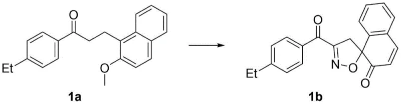 Specific reaction example showing the conversion of dihydrochalcone 1a to spiroisoxazoline 1b with high yield