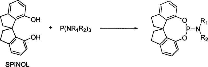 Synthesis reaction scheme of spirophosphoramidite from SPINOL and phosphoramidite