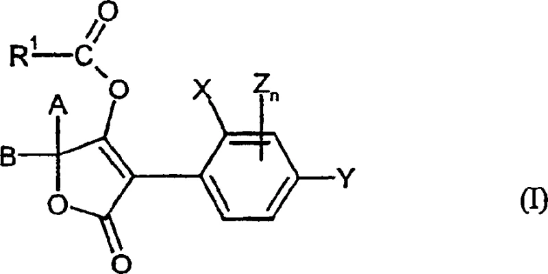 General chemical structure of spirotetronic acid derivatives formula I showing variable substituents