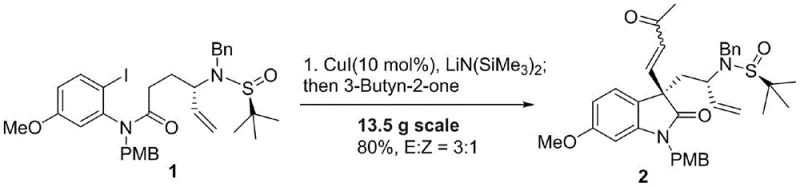 Complete synthetic route of Spirotryprostatin A showing 9 steps from o-iodoaniline derivative