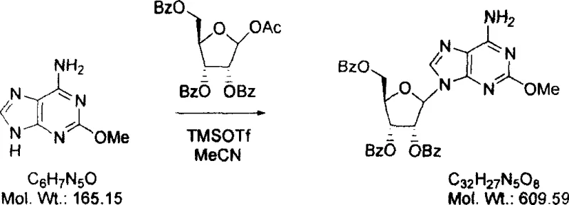 Chemical reaction scheme showing the TMSOTf catalyzed glycosylation of 2-methoxyadenine with protected ribose to form the spongosine intermediate