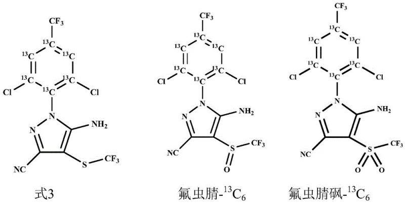 Structural formulas of stable isotope labeled fipronil derivatives including Formula 3, Fipronil-13C6, and Fipronil Sulfone-13C6