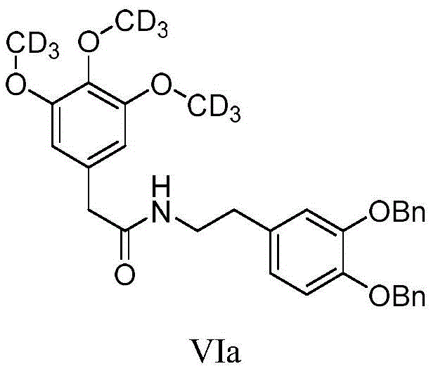 Specific isotope labeling step converting trihydroxy intermediate V to labeled amide VIa using CD3I