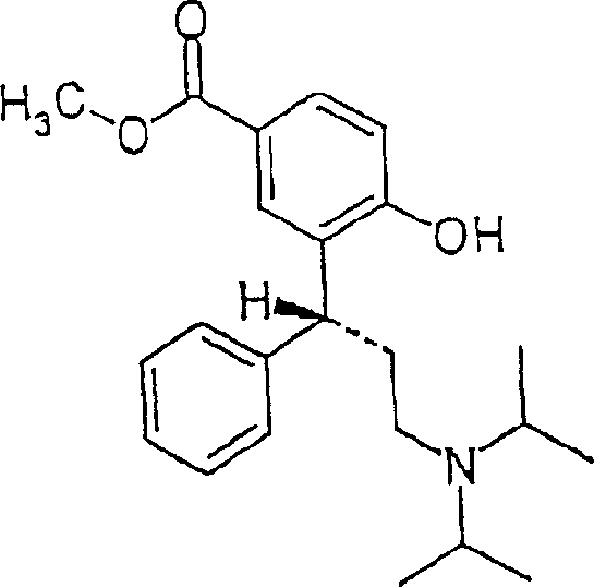 Reaction scheme for the preparation of intermediate R-(-)-3-(3-diisopropylamino-phenyl-propyl)-4-hydroxy-benzoic acid methyl ester