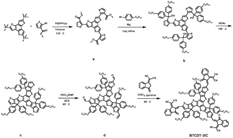Reaction scheme for synthesizing BTCDT-3IC star-shaped molecule