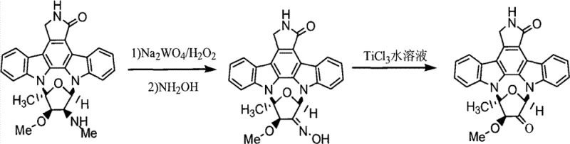 Reaction scheme showing the conversion of staurosporine to derivatives via oxidation and TiCl3 reduction