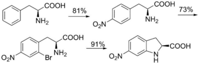 Traditional chemical synthesis route of (S)-indoline-2-carboxylic acid from L-phenylalanine involving nitration and cyclization