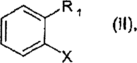 Chemical structure of formula II showing the halobenzene starting material with leaving group X