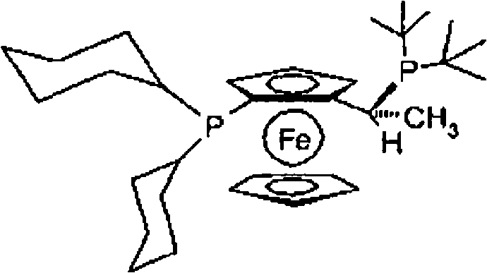 Structure of a specific ferrocenyl-diphosphine ligand used in the palladium catalyst complex