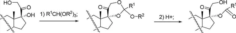 General reaction scheme showing orthoester formation and acid-catalyzed ring opening to form 17-position steroid carboxylate