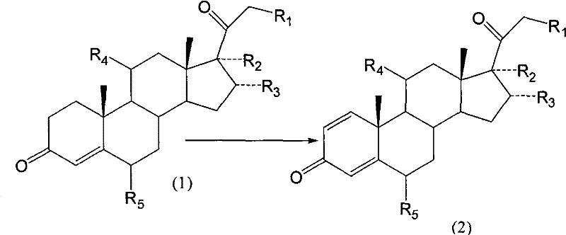 Chemical reaction scheme showing the biological dehydrogenation of steroid compound (1) to compound (2) using Arthrobacter simplex