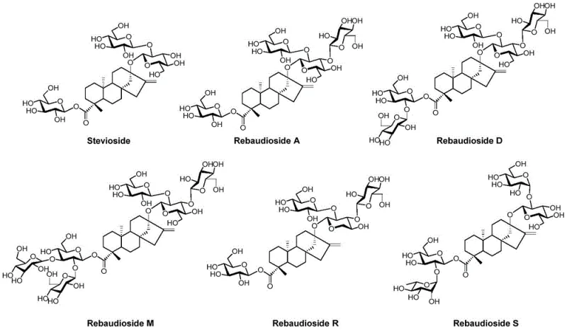 Chemical structures of Stevioside family members including Stevioside, Rebaudioside A, D, M, R, and S