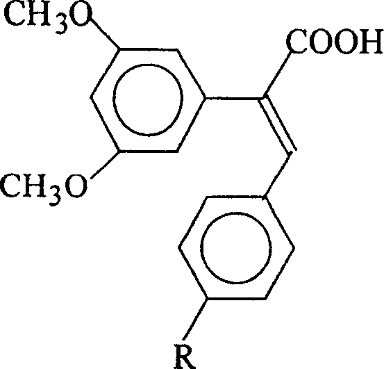 General chemical structure of 1-carboxy-1-(3,5-dimethoxyphenyl)-2-(4-R group phenyl) ethylene showing variable R groups