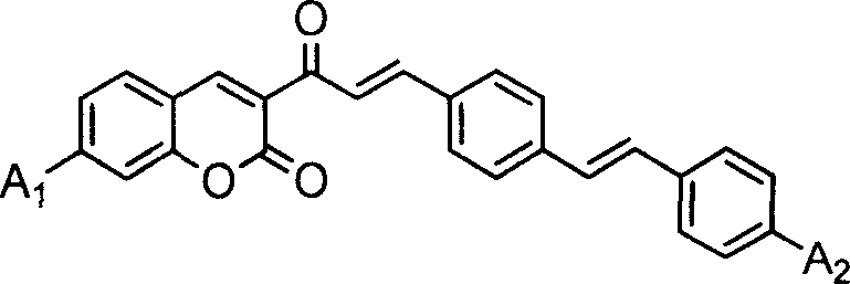 General molecular structure of stilbene-linked coumarin dye showing the conjugated backbone and variable A1/A2 substituents