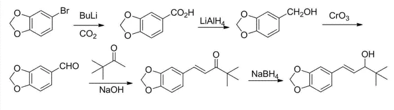 Conventional synthesis route using bromo piperonyl cyclonene