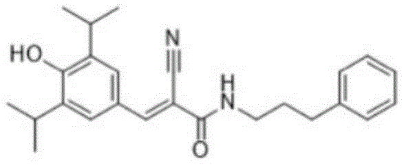 Chemical structure of VEGFR2 selective inhibitor SU1498 showing the cyano-acrylamide backbone and diisopropylphenol moiety