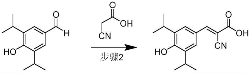 Step 2 reaction mechanism showing Knoevenagel condensation in ionic liquid to form the acrylic acid derivative