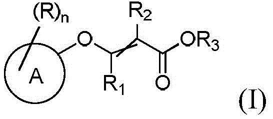 General chemical structure of substituted acrylate compounds of formula (I) showing variable substituents R1, R2, R3 and Ring A