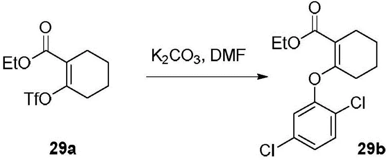 Prior art reaction scheme showing low yield synthesis using triflate leaving group at high temperature