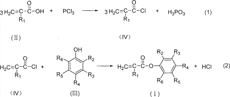 Reaction scheme showing the two-step synthesis from acrylic acid to acyl chloride and finally to phenyl ester