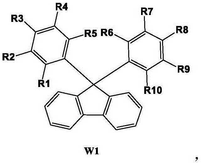 General structural formula W1 of substituted aryl fluorene derivatives showing variable R groups for diverse applications
