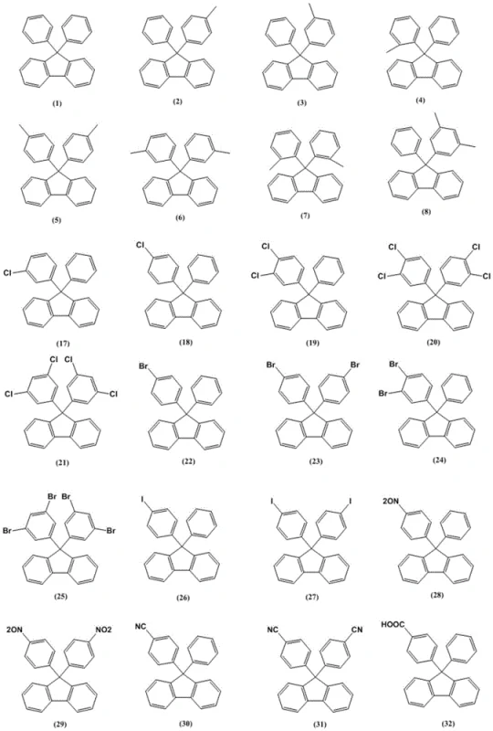 Specific examples of substituted aryl fluorene derivatives including methyl and halogen variants demonstrating structural diversity