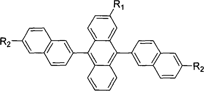 General structural formula of substituted 9,10-dinaphthyl anthracene derivatives showing variable R1 and R2 groups