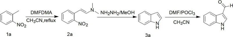 Specific synthesis route for Indole-3-carbaldehyde (Example 1) showing reagents and conditions
