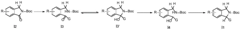 General reaction scheme showing the conversion of Boc-isoindolinone to substituted isoindoline via ketone and alcohol intermediates