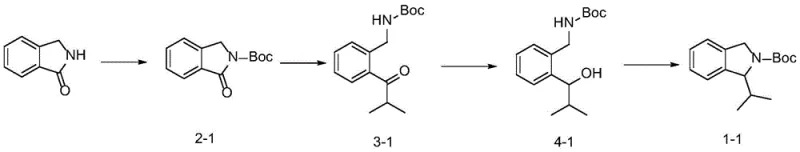 Specific synthesis pathway for tert-butyl 1-isopropyl isoindoline-2-carboxylate demonstrating the ring-opening strategy