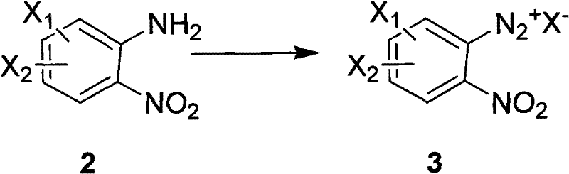 Diazotization reaction converting amine compound 2 to diazonium salt compound 3