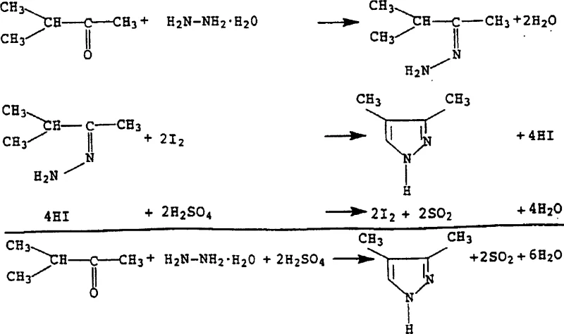 Reaction mechanism of substituted pyrazole synthesis using iodine catalyst and sulfuric acid showing hydrazone formation and oxidative cyclization