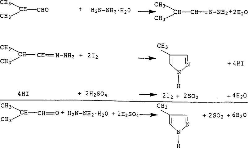 Specific reaction equation demonstrating the conversion of isobutyraldehyde to 4-methylpyrazole using hydrazine and iodine catalyst