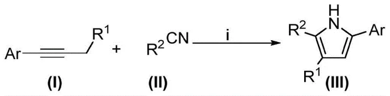 General reaction scheme showing aryl-1-propyne (I) reacting with nitrile (II) under base conditions to form substituted pyrrole (III)