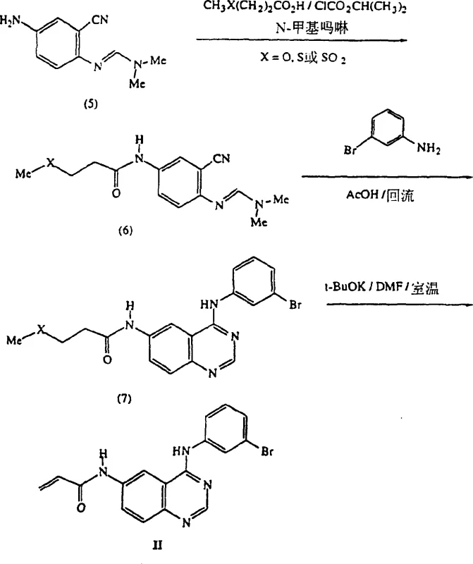 Synthetic scheme showing the preparation of 4-(3-bromoaniline)-6-(vinylamide)-quinazoline via acylation, rearrangement, and elimination