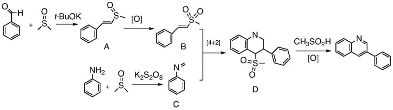 Proposed reaction mechanism showing DMSO providing carbon atoms for quinoline ring formation