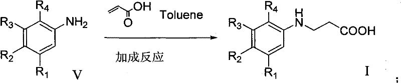 Addition reaction of substituted aniline with acrylic acid to form compound I