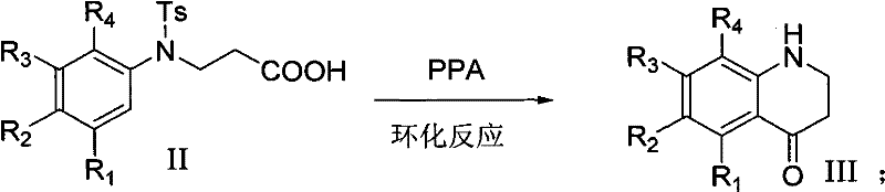 Cyclization and deprotection of compound II to form tetrahydroquinoline-4-one compound III