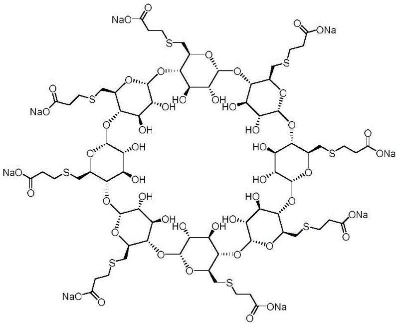 Chemical structure of Sugammadex Sodium showing the gamma-cyclodextrin core with carboxyethyl thio side chains
