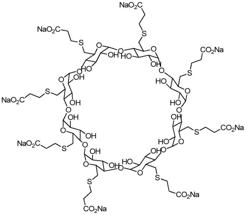 Chemical structure of Sugammadex Sodium showing the gamma-cyclodextrin core with carboxyethyl thio ether substituents