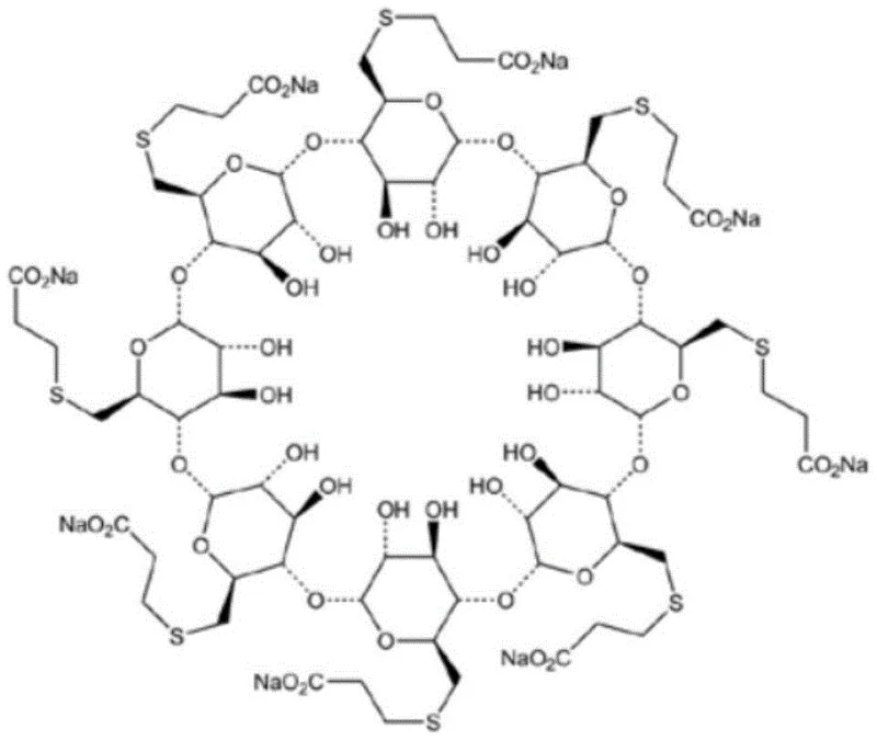 Chemical structure of Sugammadex Sodium showing the gamma-cyclodextrin cavity and carboxyethyl thio groups