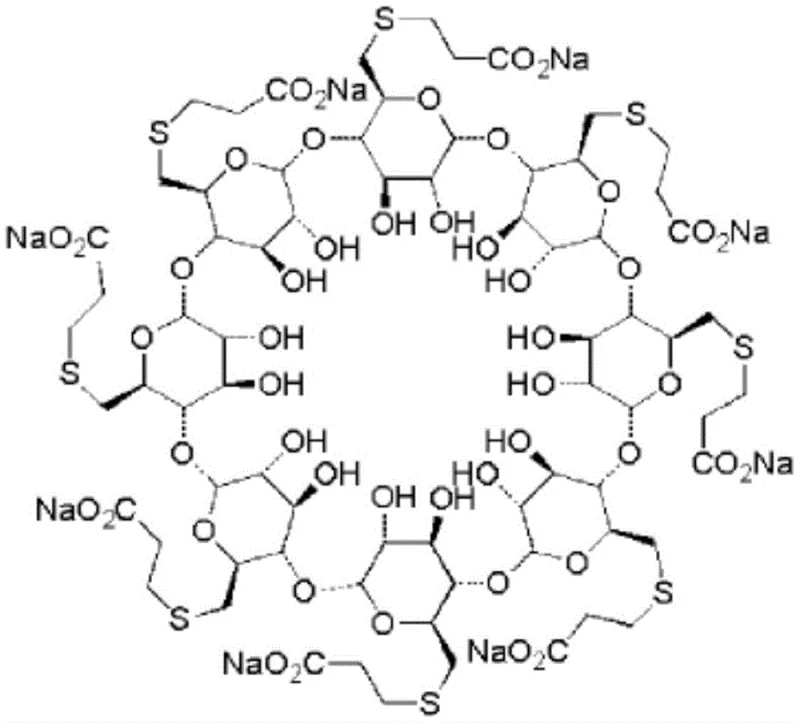 Chemical structure of Sugammadex Sodium showing the modified gamma-cyclodextrin core with eight carboxyl side chains