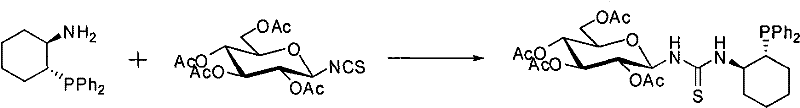 Synthesis reaction scheme of N-(1R,2R)-(2-(diphenylphosphine)cyclohexyl)-N'-(glucosyl)thiourea