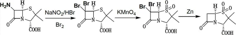 Conventional Route 1 for Sulbactam synthesis showing double bromination with elemental bromine