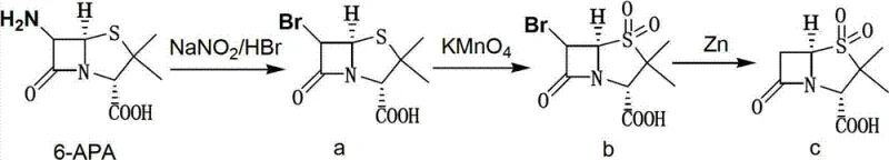 Novel Route 2 for Sulbactam synthesis showing one-pot single bromination and oxidation