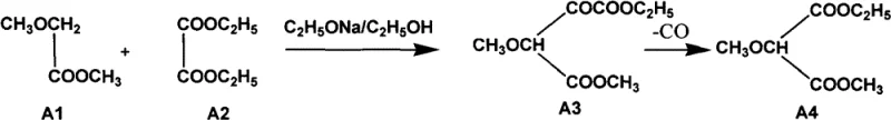 Reaction scheme showing the condensation of methyl methoxyacetate and diethyl oxalate to form the malonate intermediate